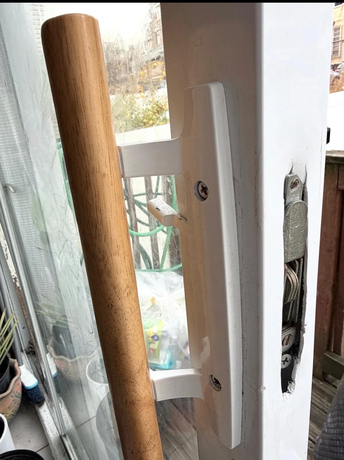 Patio sliding door lock hardware and handle