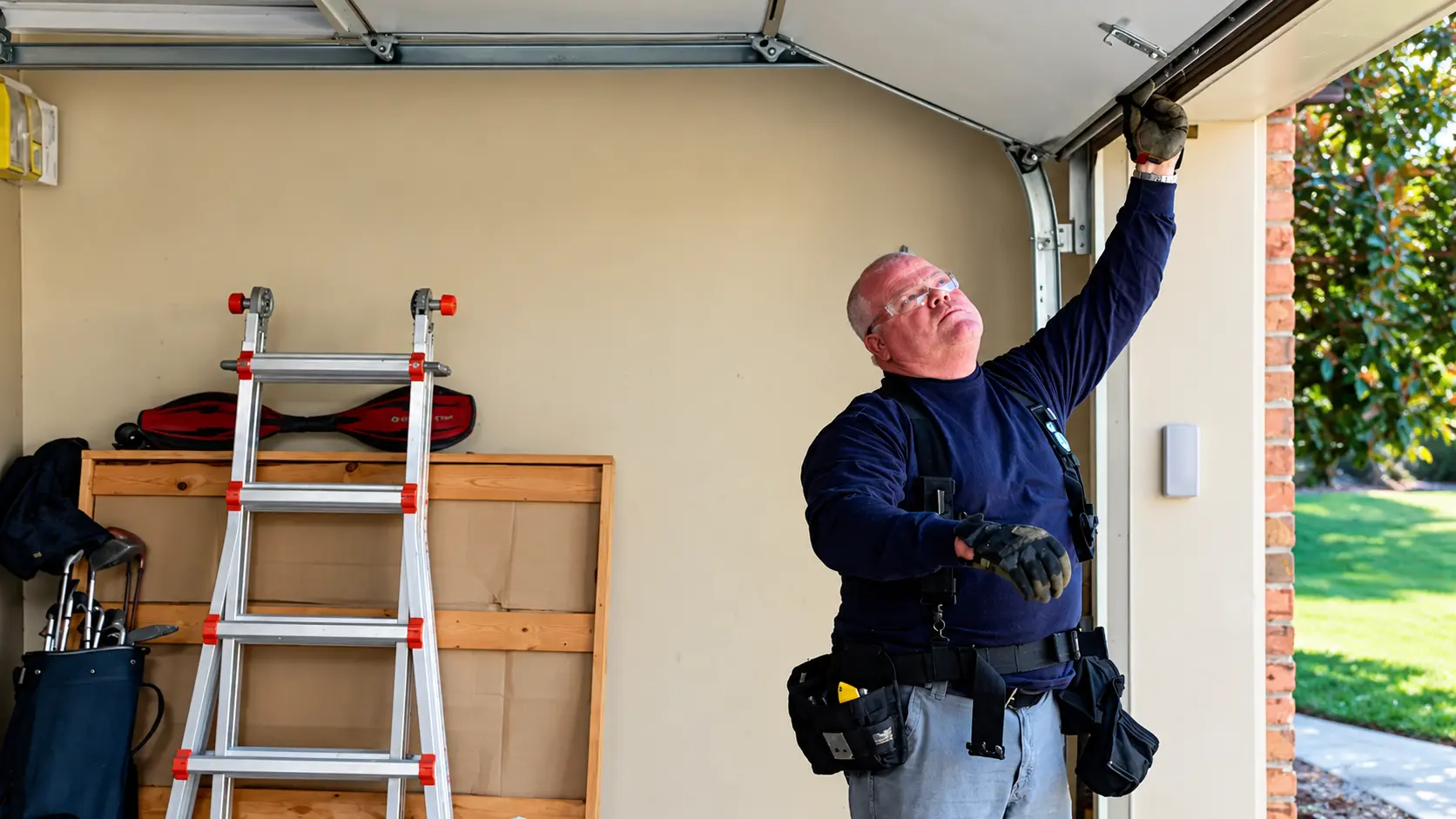 Garage door technician inspecting an overhead door during maintenance