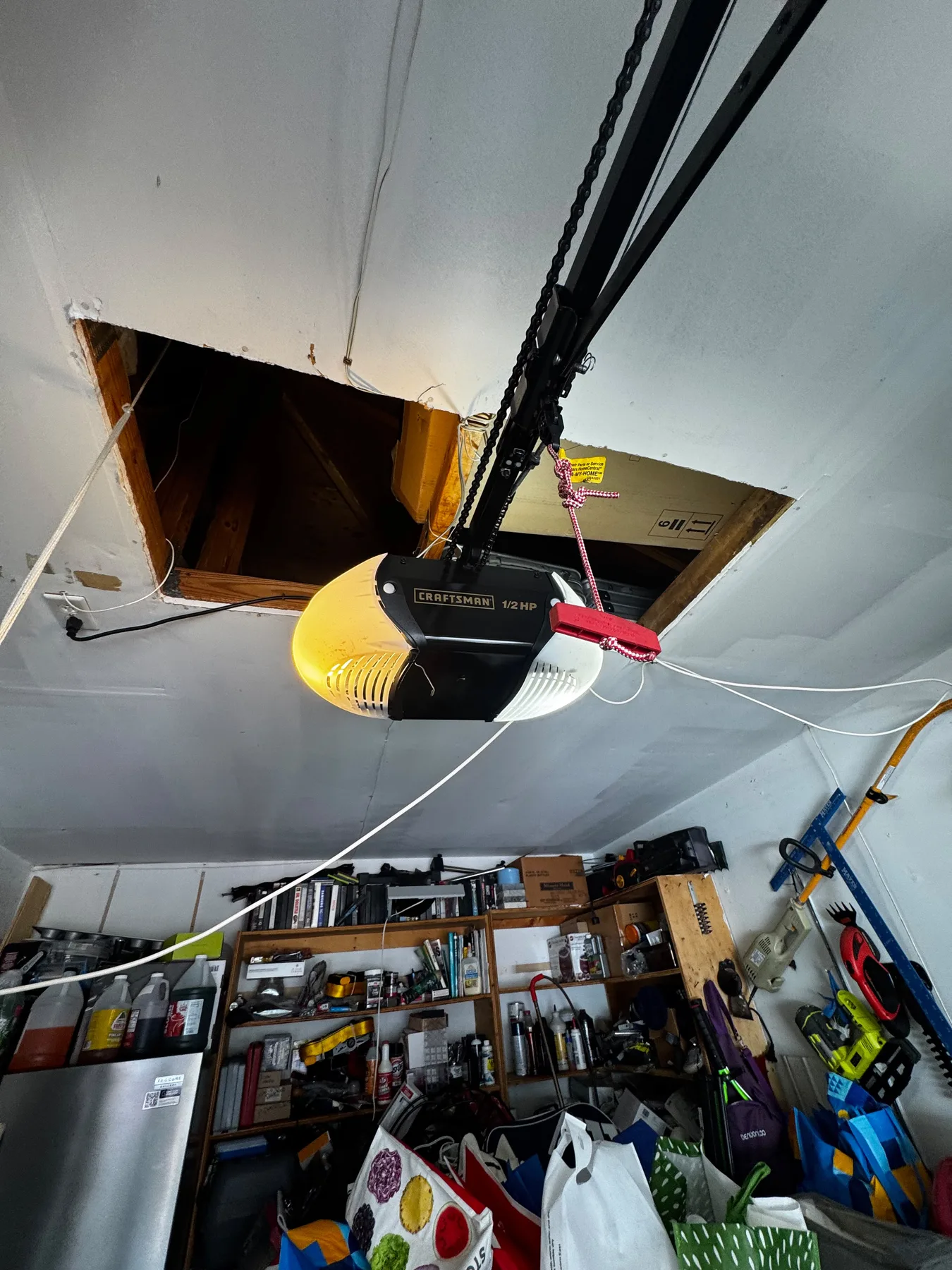 Garage door opener bracket closeup