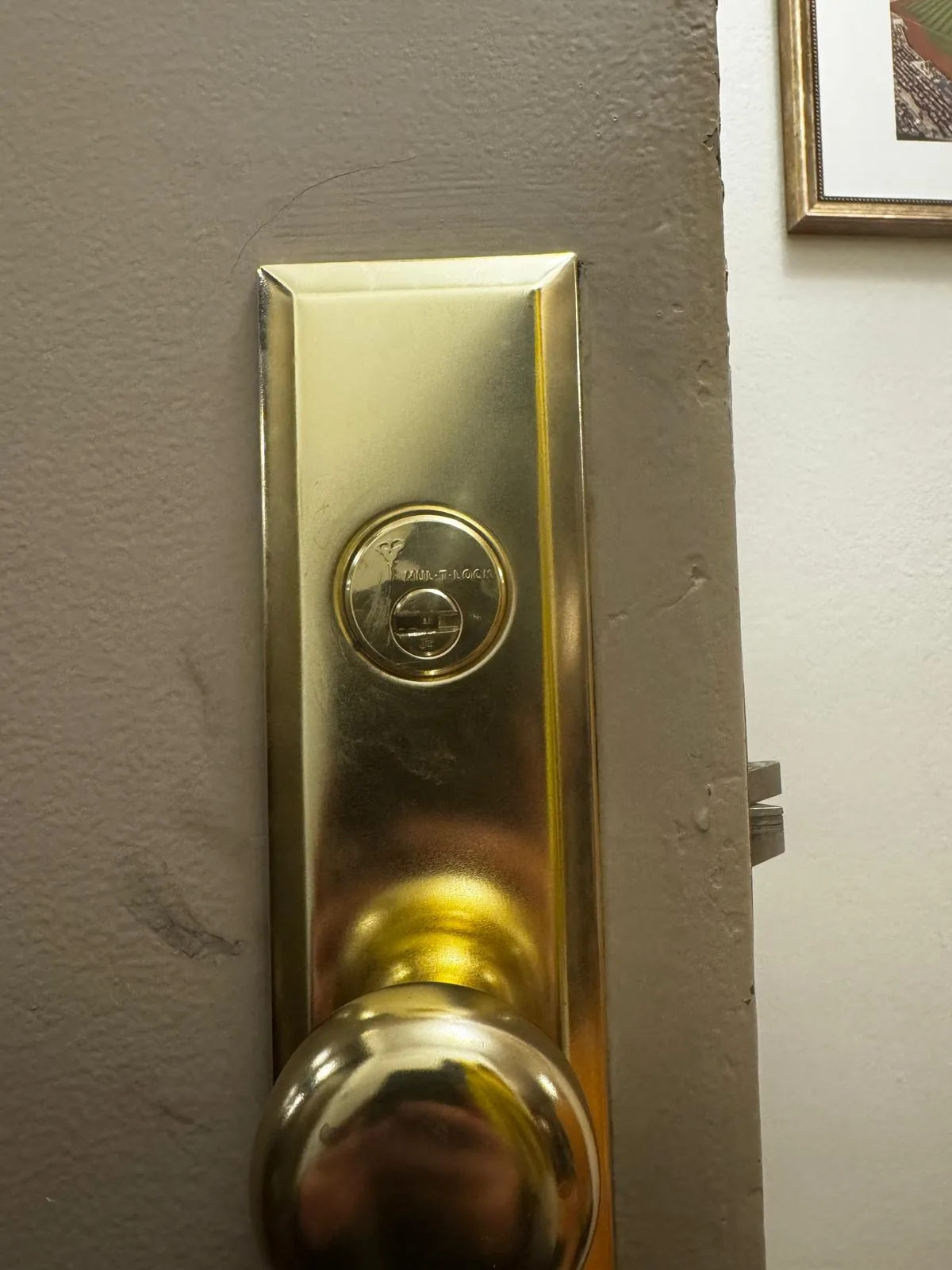 Brass mortise door lock installed